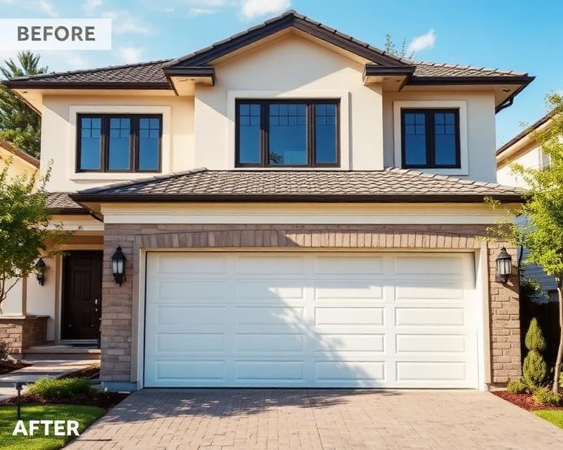 Modern flush panel garage door installation on luxury home