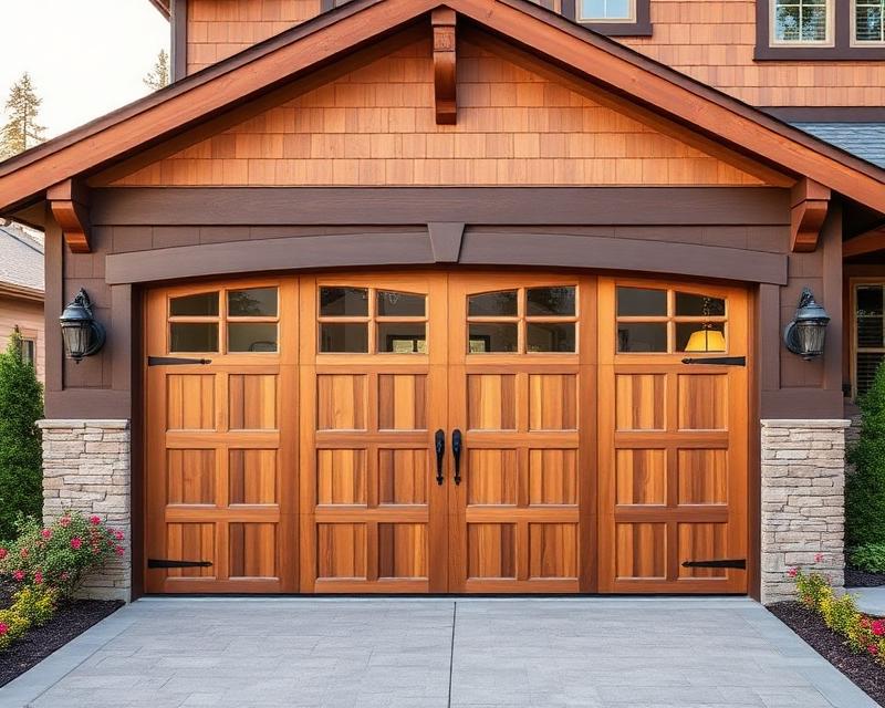 Beautiful wood carriage house style garage door on craftsman home