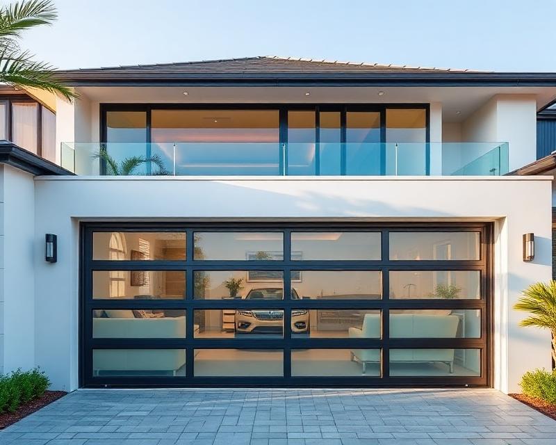 Contemporary aluminum and glass garage door on modern home