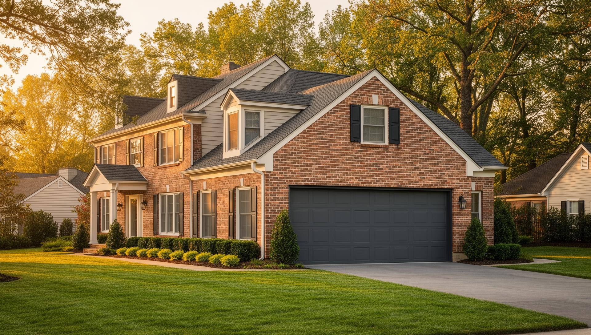 Beautiful colonial home with modern flush panel garage door in Southern Pines
